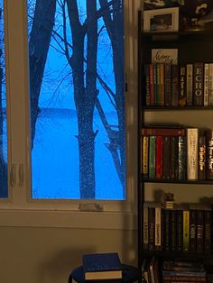 there is a book shelf with books in front of a window that looks out onto the water