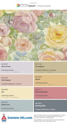 the color scheme for sherylin williams's paint palettes, including pink and yellow roses