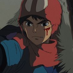 an anime character wearing a helmet with blood all over his face and neck, looking at the camera