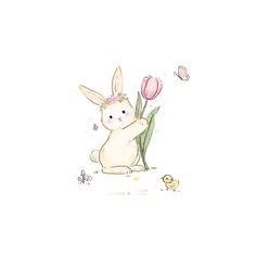 a drawing of a bunny with tulips and a duckling in the background