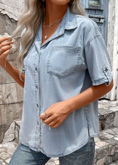 Short Sleeve Denim, Shirt Collar, Blue Shirt, Short Sleeve Blouse, Denim Blue, Blue Denim, Sleeve Blouse, Collar, Blue