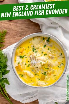 the best and cremest new england fish chowder in a bowl with parsley