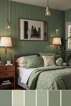 a bedroom with green walls and white bedding