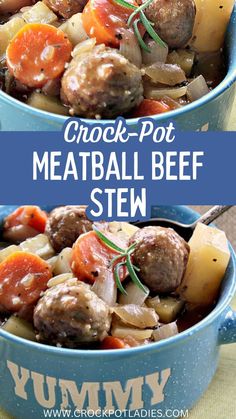 two blue bowls filled with meatballs and vegetables