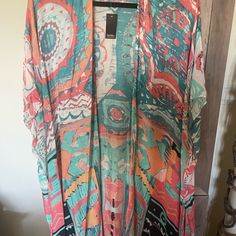 100% Viscose, Approximate 38 In. From Neck To Hem, Shades Of Turquoise, Navy, Melon Orange, White, Tag Attached Casual Patterned Kimono For Beach Cover-up, Bohemian Multicolor Printed Cover-up, Multicolor Summer Kimono For Beach Cover-up, Casual Multicolor Boho Print Kaftan, Casual Multicolor V-neck Kimono, Multicolor Printed Kimono For Beach Cover-up, Flowy Multicolor Tunic Cover-up, Casual Multicolor Boho Print Cover-up, Casual Multicolor Flowy Kaftan