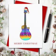 a christmas card with an electric guitar on it