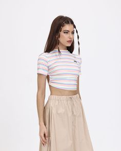 Model (WearingS):• Height: 171cm | Bust: 83cm | Waist: 59cm | Hips: 89cmDetails: Rainbow print T-shirt with a backless designTop Length: CroppedMaterials:95% Cotton + 5% Spandex Summer Striped Stretch T-shirt, Striped Stretch T-shirt For Summer, Striped Short Sleeve Crop Top For Spring, Spring Striped Short Sleeve Crop Top, Striped Cotton Crop Top With Short Sleeves, Rainbow T Shirt, Backless Design, Rainbow Print, Maxi Dresses Casual