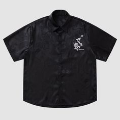 Features: Unisex Detailed craftsmanship Dragon jacquard Letter embroidered Button-front closure Soft and breathable Heavy-weight Material: 100% cotton Embroidered Black Collared Shirt, Black Embroidered Collared Shirt, Black Collared Shirt With Floral Embroidery, Casual Black Shirt With Floral Embroidery, Black Embroidered Button-up Shirt, Black Embroidered Cotton Shirt, Black Button-up Shirt With Floral Embroidery, Black Embroidered Short Sleeve Shirt, Black Floral Embroidery Button-up Shirt