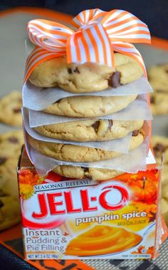 a box of jello pumpkin spice cookies next to a stack of chocolate chip cookies