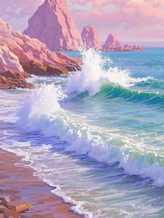 an oil painting of waves crashing on the beach with rocks in the background and pink sky