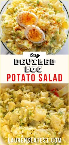 an egg and potato salad in a bowl with text overlay