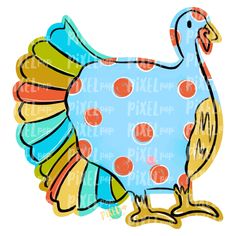 a drawing of a blue and orange turkey with polka dots on it's tail