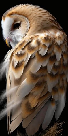 an owl is sitting on a branch with feathers in its beak and eyes wide open