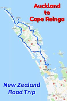 a map with the words new zealand to cape reinga and road trip on it