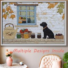 a black dog sitting in front of a window next to a chair and potted plant