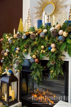 Fireplace decorated for Christmas in navy, gold, copper and brown with glass trees and lantern accents. Copper Christmas Decor, Christmas Mantel Decor, Mantel Decor Ideas, Copper Christmas, Navy Christmas, Silver Christmas Decorations, Christmas Fireplace Decor, Christmas Mantel