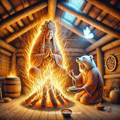 a painting of a woman sitting in front of a fire with a bear on it