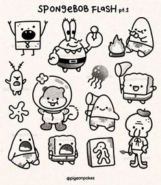 some cartoon characters are drawn in black and white with the words spongebob flash