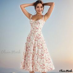 Olivia Mark - Elegant Tie-Front Lace-Up Suspender Strap Ruched Bustier Midi Sundress: Perfect for Romantic Occasions Long Flower Dress, Summer Flower Dress, Midi Sundress, Elegant Flowers, Women Long Dresses, Summer Fashion Outfits, Flowing Maxi Dress, Glamorous Evening Gowns, Colorful Fashion