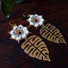 Tree Heart, Mandala Earrings, Dharma Wheel, Monstera Leaves, Artist Gifts, Monstera Leaf, Gold Glass, Hand Beading, Metallic Gold