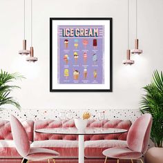 an ice cream poster hangs on the wall above a pink velvet couch and two chairs