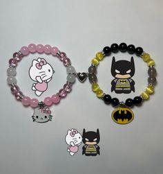 Batman And Hello Kitty Bracelets, Batman Matching Bracelets, Boy Beaded Bracelets, Matching Bracelets Ideas, Hello Kitty Matching Bracelets, Couples Bracelets Diy, Matching Kandi Bracelets, Batman Bracelet, Bracelet Hello Kitty