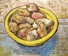 a painting of potatoes in a yellow bowl