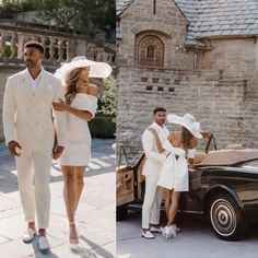 two pictures of people in white outfits and one has a car