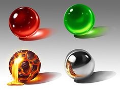 three shiny balls with different colors and shapes are shown in this image, one is red, the other is green