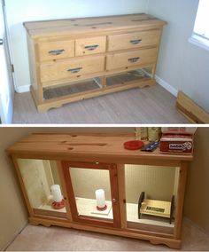 two pictures side by side of a wooden dresser