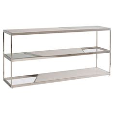 a metal shelf with glass shelves on each side