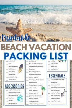 the printable beach vacation packing list is on display in front of an ocean background