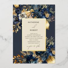 an elegant navy and gold floral wedding card