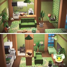 two pictures of a living room with green furniture and plants in the corner, one is empty