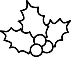 two holly berries with leaves on the top and one green berry on the bottom, outlined in black against a white background