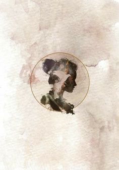 an abstract painting with watercolors and ink on paper, depicting a man's face in a round frame