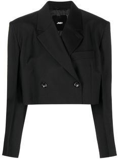 black wool notched collar double-breasted button fastening long sleeves chest welt pocket cropped Formal Cropped Outerwear With Double-breasted Button, Formal Cropped Blazer With Double-breasted Button Fastening, Cropped Office Jacket With Double Button Closure, Office Cropped Jacket With Double Button Closure, Black Cropped Jacket For Business, Outfit Wishlist, Airport Fashion, Blazer Black, Breasted Blazer