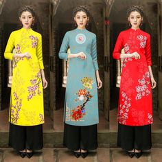 Pre-made: Vietnamese silk dress (áo dài cách tân 3d)-no pants--ready to ship Red Long Sleeve Cheongsam For Spring, Fitted Long Sleeve Cheongsam For Summer, Yellow Long Sleeve Ao Dai For Summer, Yellow Fitted Long Sleeve Ao Dai, Spring Party Cheongsam With Long Sleeves, Spring Stretch Ao Dai With Long Sleeves, Red Long Sleeve Ao Dai For Summer, Summer Long Sleeve Fitted Ao Dai, Fitted Long Ao Dai For Summer