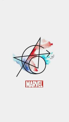 the avengers logo with watercolor splashs and an arrow on it's side