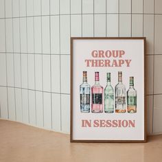 a group therapy in session poster on the wall next to a tiled wall with white tiles