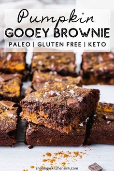 pumpkin gooey brownies are stacked on top of each other