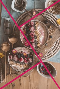 two bowls of food on a table with red lines in front of them and the image is not cross - over