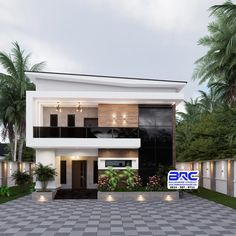 a modern house with a large driveway and palm trees in the front yard, as well as a sign that says eac real estate