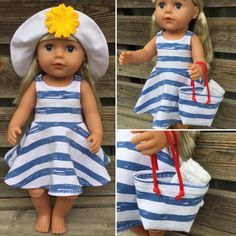 the doll is wearing a blue and white striped dress with a yellow flower in her hair