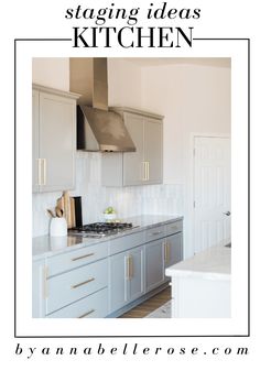 a kitchen with stainless steel cabinets and white counter tops is featured in an article about staging ideas for the kitchen