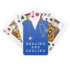 four playing cards with the words, healing and dealing