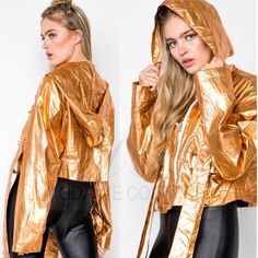 Edgy and fun this gold foil metallic jacket will be your fav!! Jacket features: -Long sleeves -Flap front pockets with buckle closure detailing, -Metallic finish -Contrast zip-up closure, -Semi Cropped length, -Hooded -Material Polyester Model is 5’8 wearing a size Small (Waist: 24”, Bust: 32B, Hips: 34”) Size Small Item Measurements: Length: 19", Bust: 44", Sleeves: 21" (measurements are approx only) True to size for style S=4/6 M=8/10 L=10/12, Fit: Loose as seen on model Trendy Gold Outerwear For Party, Trendy Gold Party Outerwear, Trendy Metallic Outerwear For Fall, Trendy Gold Outerwear For Fall, Gold Hooded Winter Outerwear, Metallic Jacket, Small Waist, Zip Up, Gold Foil