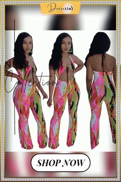 Elegant Printed Women Sleveeless Halter Hollow Out Party Clubwear Summer One Piece Wide Leg Jumpsuit Green Summer Jumpsuits And Rompers For Party, Spring Party Backless Bodysuit, Fitted Sleeveless Bodysuit For Party Season, Green Sleeveless Party Jumpsuits And Rompers, Sleeveless Pink Party Jumpsuits And Rompers, Fitted Sleeveless Bodysuit For Party, Fitted Sleeveless Party Bodysuit, Green Backless Jumpsuits And Rompers For Party, Green Backless Jumpsuits For Party