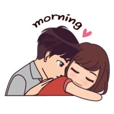 a man and woman hugging each other with the words'morning'written above them