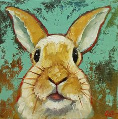 a painting of a brown rabbit on a blue background